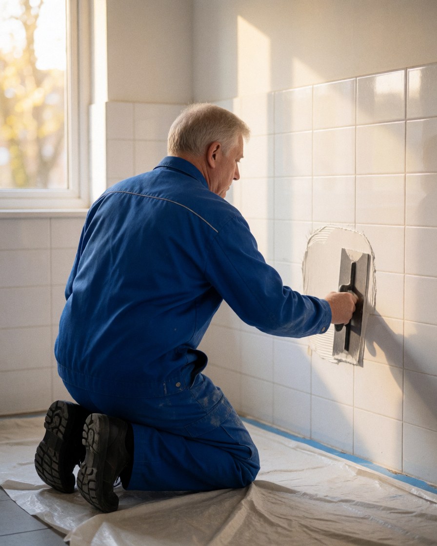 Un carreleur applique de l'adhésif avec une spatule sur un mur de carreaux blancs, éclairé par la lumière naturelle.