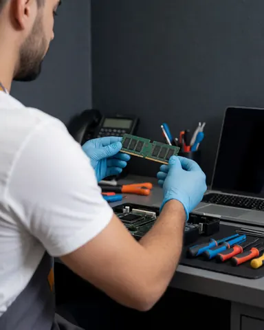 Un technicien portant des gants bleus installe une mémoire vive sur un bureau de travail encombré d'outils dans un atelier de réparation électronique.