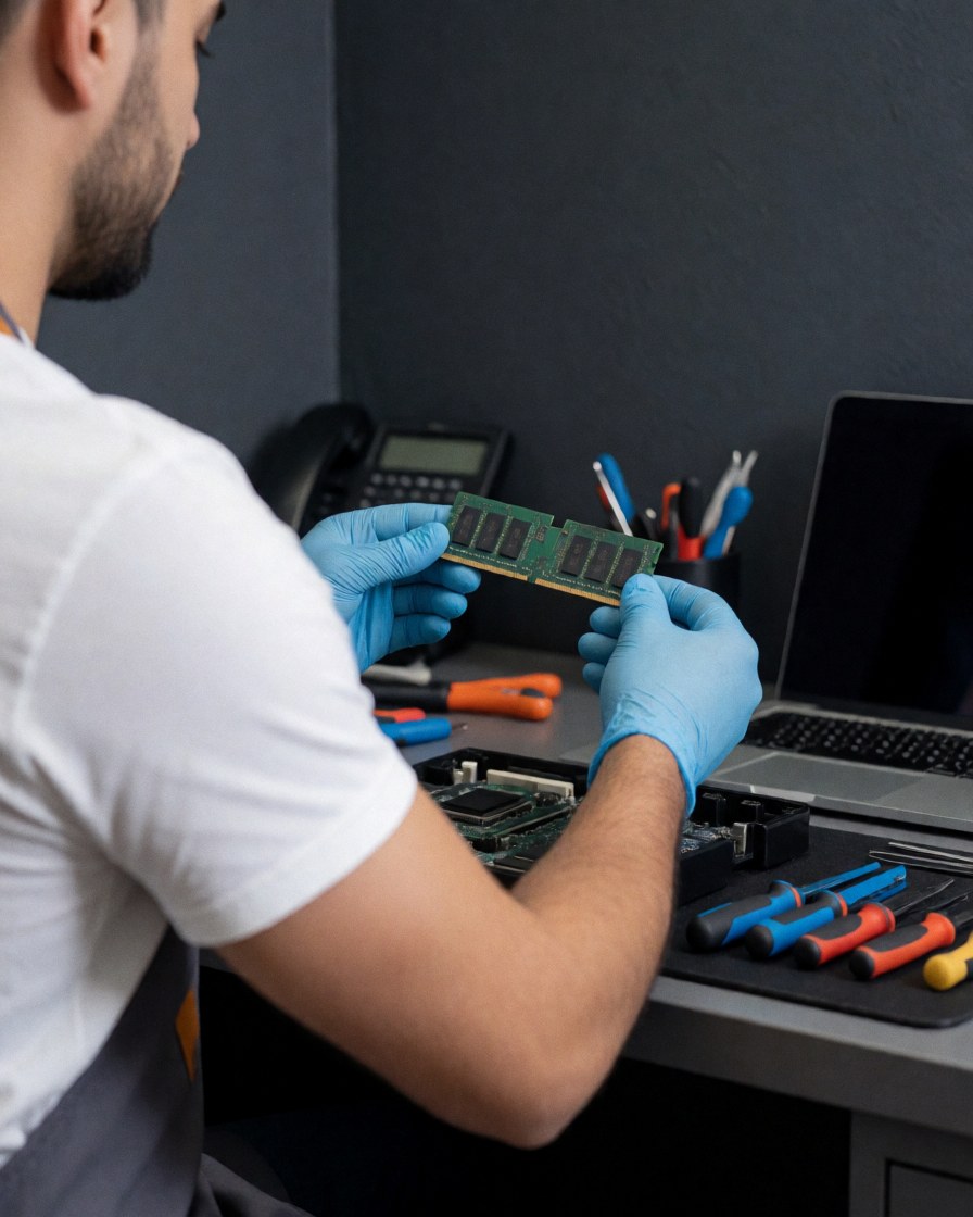 Un technicien portant des gants bleus installe une mémoire vive sur un bureau de travail encombré d'outils dans un atelier de réparation électronique.