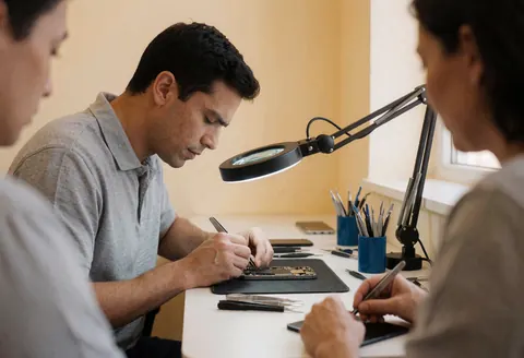 Un technicien répare un téléphone portable avec une loupe dans un atelier, des outils et le châssis sont visibles.