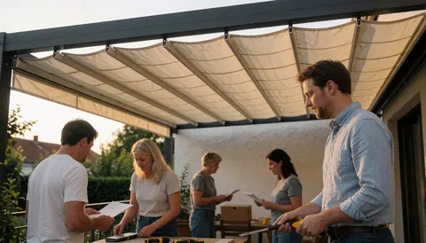 Travailleurs installent un store rétractable dans un patio au coucher du soleil, avec des outils et des plans visibles.