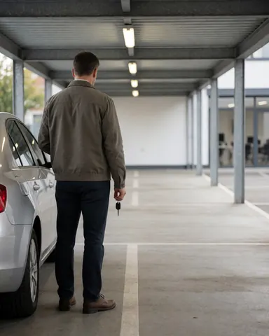 Homme de dos tenant une clé fob à côté d'un véhicule argenté dans un parking couvert avec lignes au sol et structure métallique.