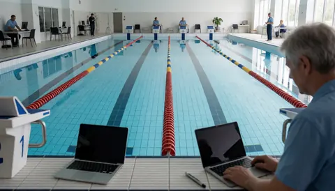 Le personnel utilise des ordinateurs portables pour contrôler l'activité dans une piscine publique avec des couloirs et des blocs de départ.