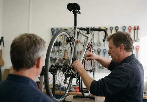 Un mécanicien ajuste la chaîne d'un vélo dans un atelier avec des outils sur un tableau et des murs blancs.