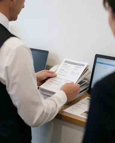 Un employé en uniforme range des piles de brochures sur une table dans un bureau avec des ordinateurs et un mur blanc, illustrant le service administratif.