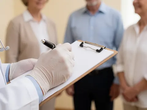 Des mains portant des gants blancs sont en train d'écrire sur un classeur avec un stylo, dans un contexte de soin médical.