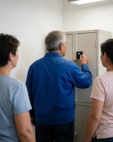 Un technicien examine une fermeture de sécurité sur un meuble métallique dans un bureau, tandis que deux personnes observent la procédure.
