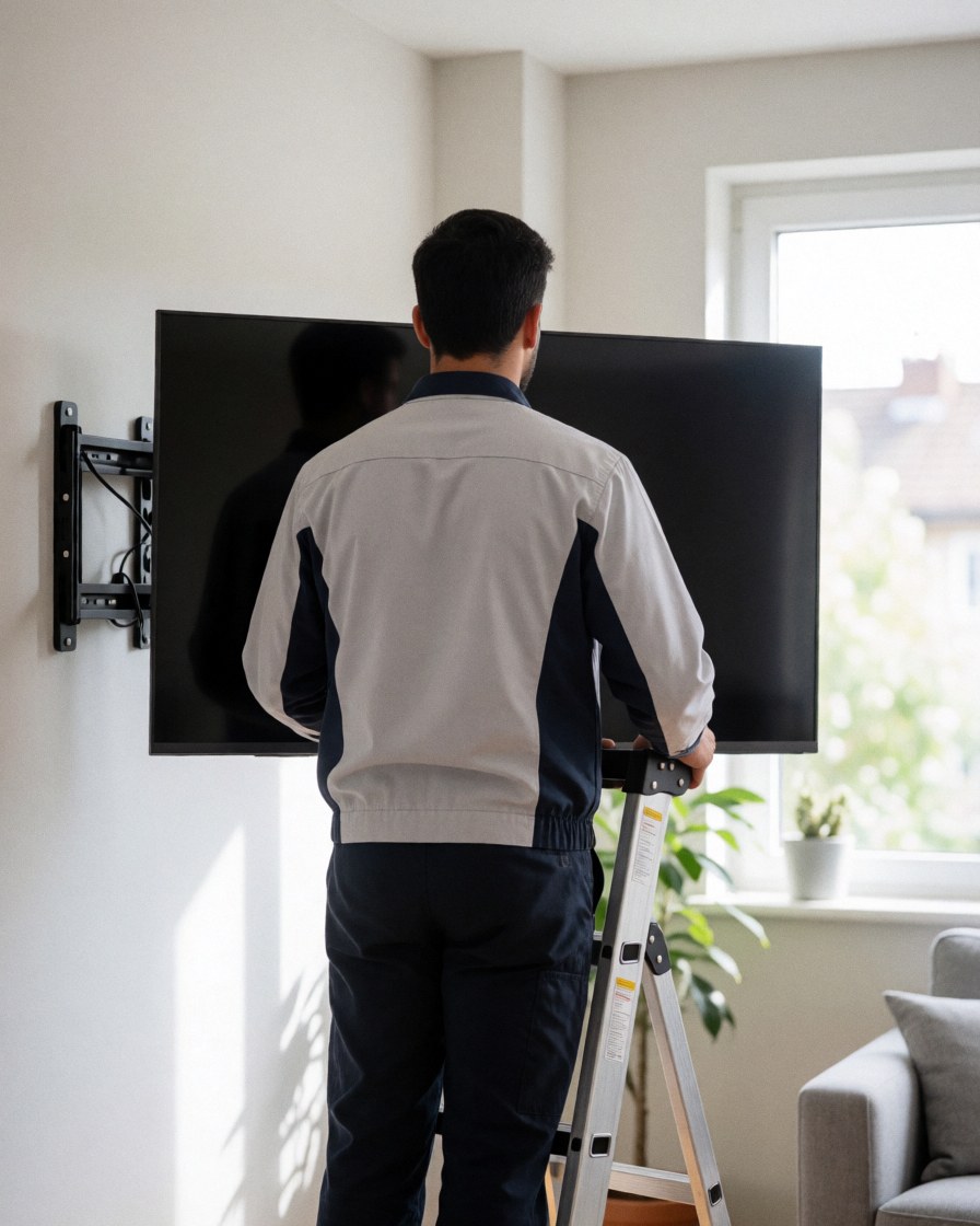 Un technicien professionnel fixe un téléviseur de 65 pouces sur un mur moderne dans un salon baigné de lumière naturelle.