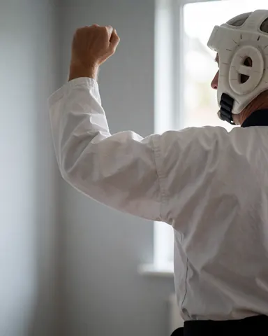 Un instructeur en dobok blanc bloque avec le poing, portant une protection de tête, dans une salle aux murs gris clair sous lumière naturelle.