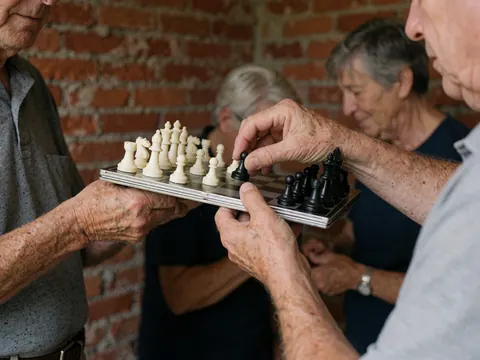 Jeu d'échecs avec pièce magnétique et plateau pliable dans une salle au mur de briques rouges, idéal pour école d'échecs.