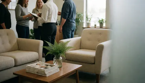 Salle d'attente avec chaises beige, table en bois et plante. Personnes en réunion, idéal pour les assurances.