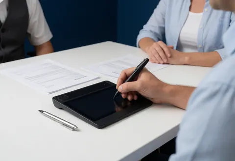 Main signant un document sur une tablette numérique dans un bureau bleu avec des papiers d'assurance et un mur sombre.