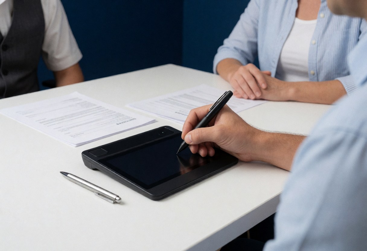 Main signant un document sur une tablette numérique dans un bureau bleu avec des papiers d'assurance et un mur sombre.