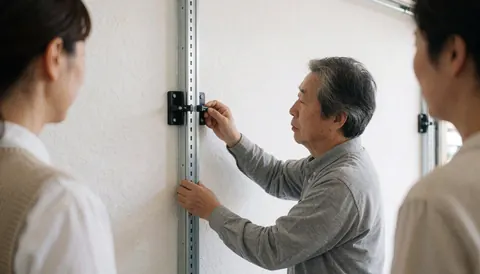 Trois individus regardent un technicien fixer un rail de porte de garage sur un mur blanc, avec des supports métalliques visibles.