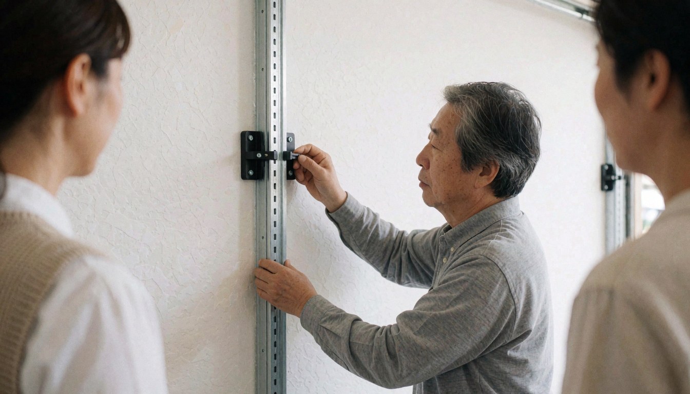 Trois individus regardent un technicien fixer un rail de porte de garage sur un mur blanc, avec des supports métalliques visibles.