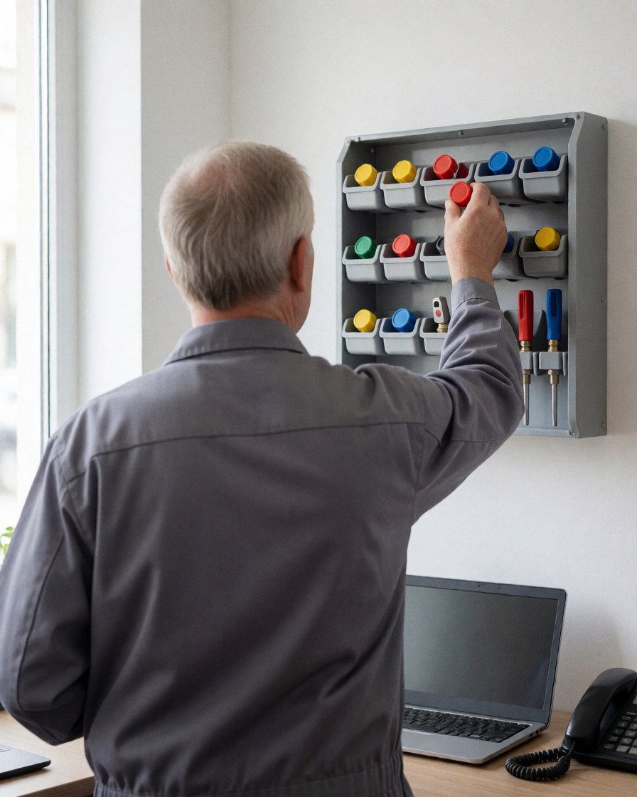 Un technicien saisit une valve de pneu prise sur un organisateur mural, baigné de lumière naturelle avec des outils colorés à proximité.