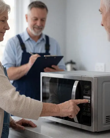 Une cliente souriante appuie sur le bouton de démarrage d'un microonde réparé dans une cuisine moderne, avec un technicien tenant un dossier en arrière-plan.