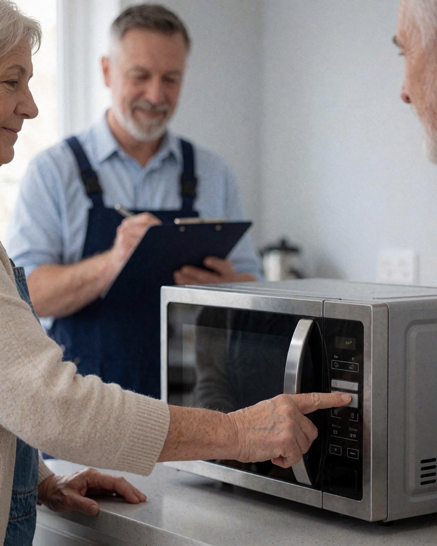 Une cliente souriante appuie sur le bouton de démarrage d'un microonde réparé dans une cuisine moderne, avec un technicien tenant un dossier en arrière-plan.