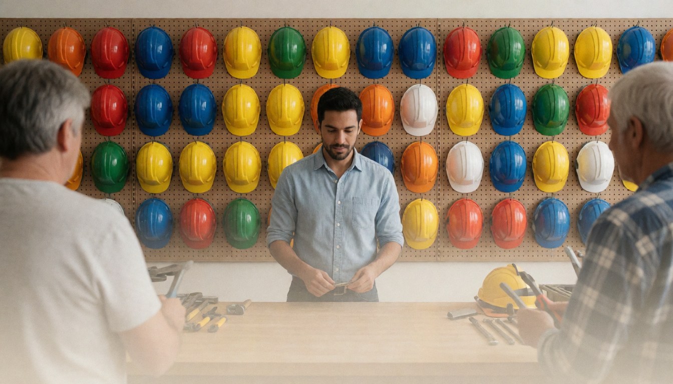 Trois personnes dans un magasin d'équipement agricole avec des casques colorés au mur et des outils sur le comptoir.