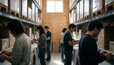Équipe au travail dans un entrepôt avec des étagères hautes, des caisses de marchandises, des murs en bois et une lumière naturelle.