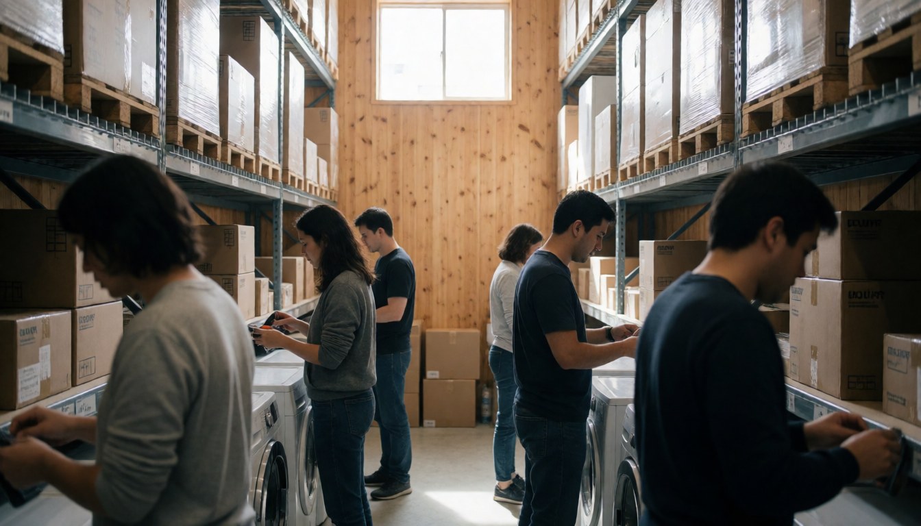 Équipe au travail dans un entrepôt avec des étagères hautes, des caisses de marchandises, des murs en bois et une lumière naturelle.