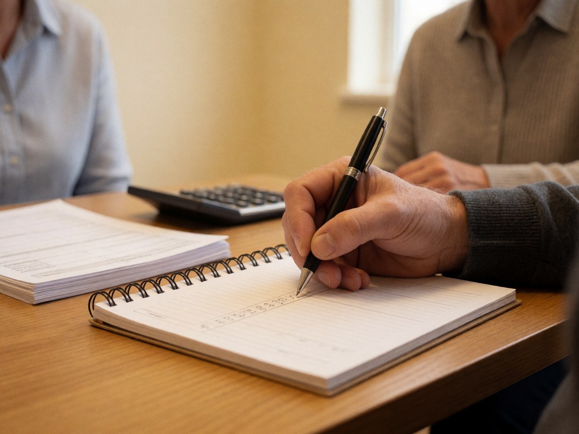 Une main adulte écrit des chiffres sur un carnet posé sur une table en bois avec une calculatrice et des formulaires.