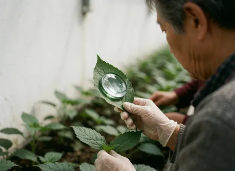 Une main portant un gant tient une loupe au-dessus d'une feuille verte dans un environnement de culture agricole.