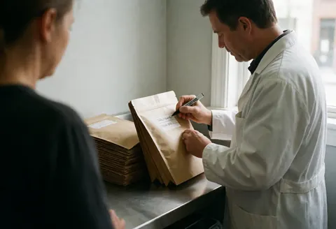 Un technicien étiquette des sachés de thé sur un comptoir en acier inoxydable dans un laboratoire aux murs gris clair, dans un environnement professionnel.