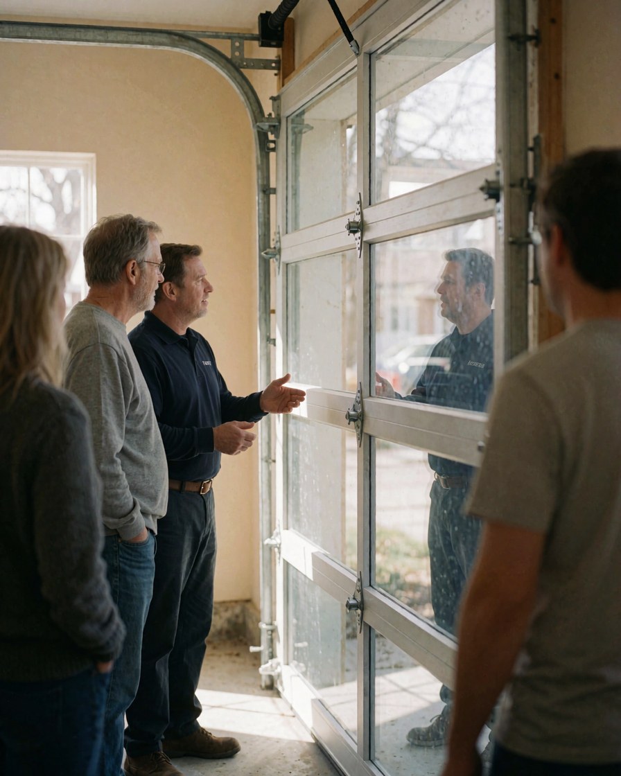 Un technicien explique les caractéristiques d'une porte de garage en verre à des clients dans une maison aux murs beiges et à la lumière naturelle.