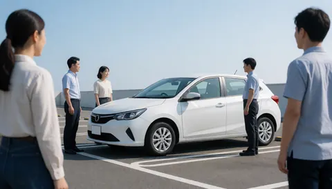 Une voiture blanche est garée dans une zone d'entraînement avec plusieurs personnes debout autour, illustrant une scène typique d'auto-école.