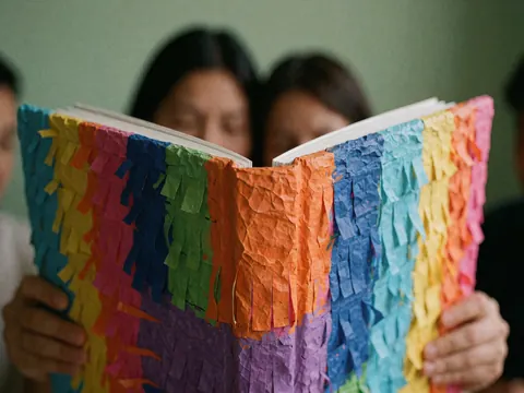 Album de graduation au design de pinata tenu par des mains, en papier mâché aux couleurs vives sur fond vert sauge