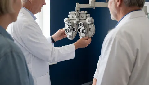 Un optométriste ajuste un phoropteur dans un cabinet d'optique aux murs bleus, tandis que d'autres observent l'équipement médical.