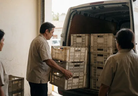 Un homme charge des caisses en plastique réutilisables dans un camion de livraison dans un entrepôt pour le service de logistique de dernière mile.