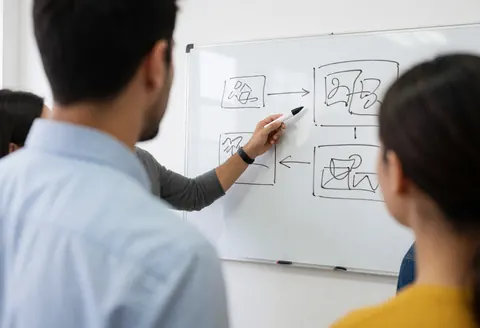 Un instructeur explique des diagrammes techniques à un groupe dans un bureau moderne, illustrant un service en action pour les startups et le secteur logiciel.