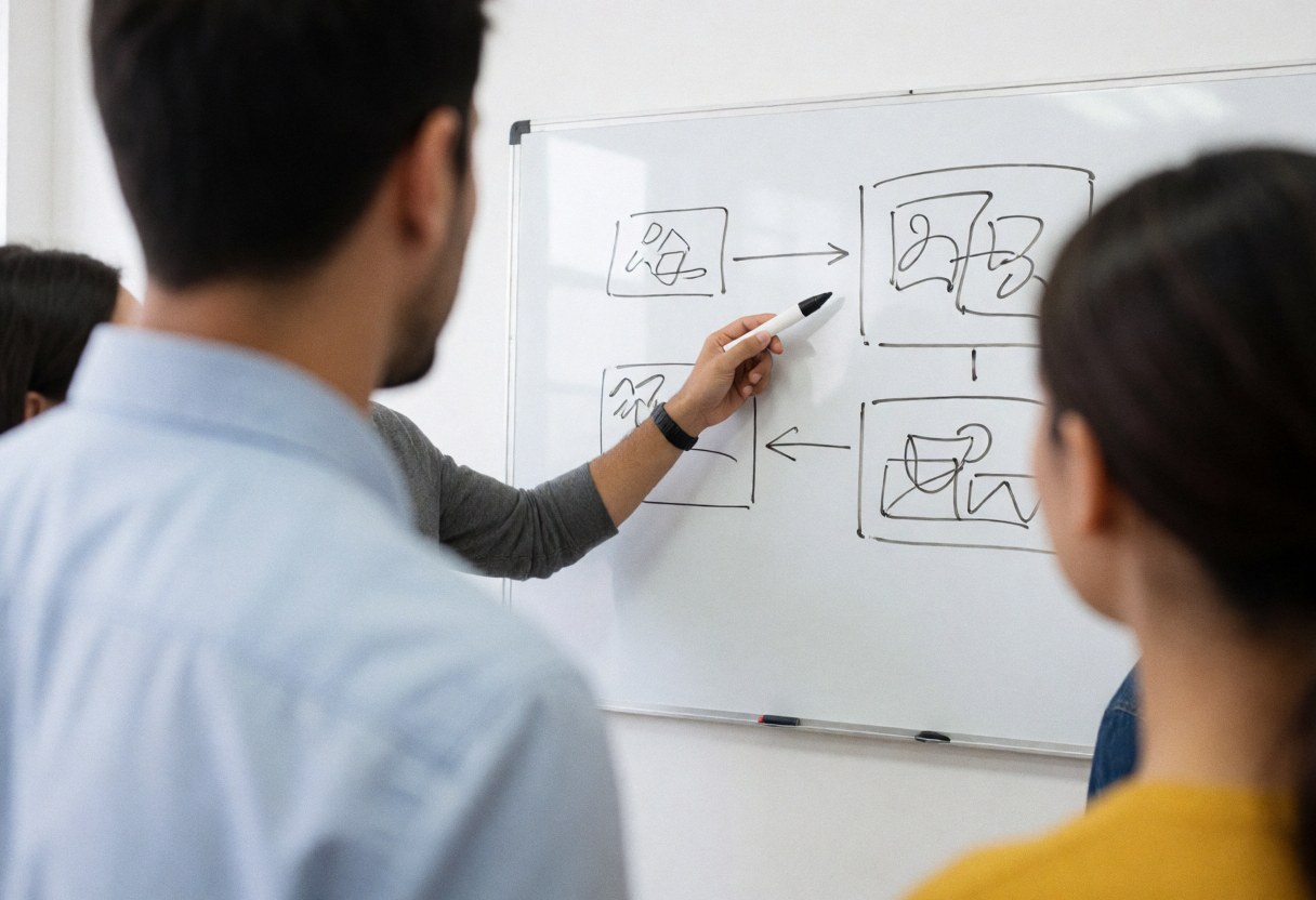 Un instructeur explique des diagrammes techniques à un groupe dans un bureau moderne, illustrant un service en action pour les startups et le secteur logiciel.