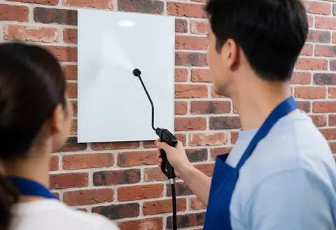 Un technicien en tablier bleu ajuste un pulvérisateur devant un mur de briques rouges pour vérifier le motif de projection.
