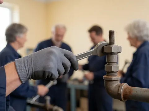 Une main portant un gant de protection utilise une clé à molette pour serrer ou desserrer un tube métallique rouillé dans un atelier.