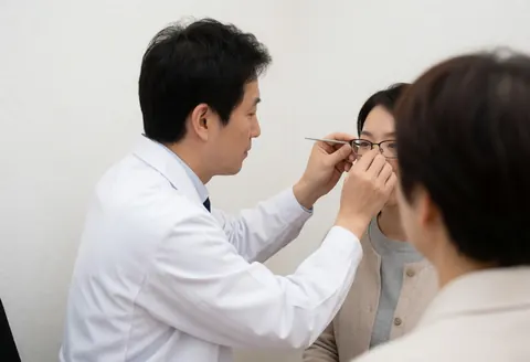 Un opticien ajuste les verres d'un client à l'aide d'un outil spécialisé dans un environnement professionnel aux murs blancs.