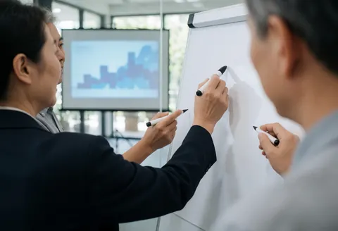 Deux professionnels écrivent sur un tableau blanc avec des graphiques projetés, scène réaliste dans un espace de réunion moderne.