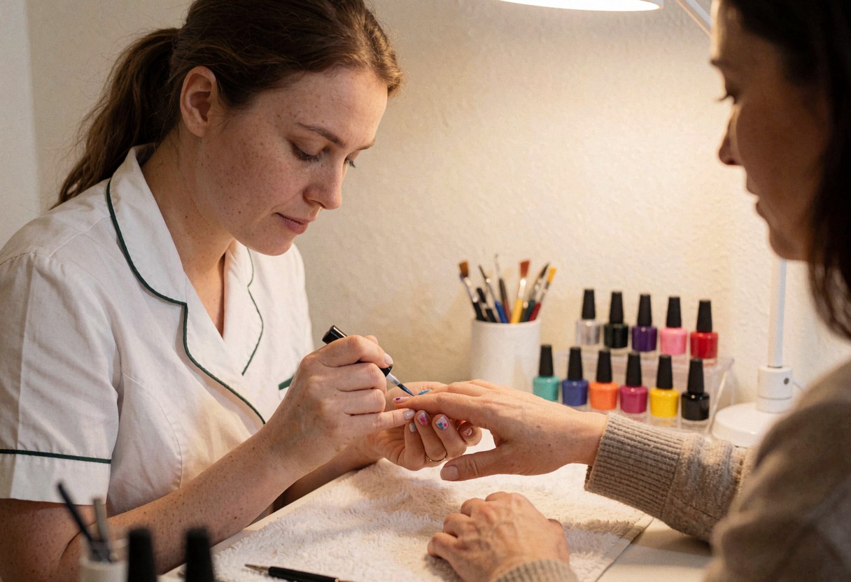 Manucuriste applique une couche finale sur des ongles décorés avec des couleurs dans un salon de beauté éclairé par une lumière chaude, avec des produits de manucure visibles.