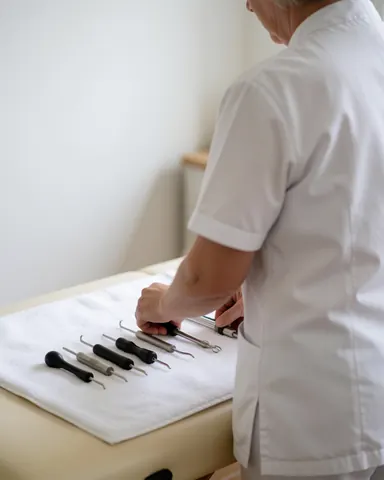Un thérapeute âgé prépare ses outils de massage cervical sur une toile blanche dans une clinique propre et bien éclairée.