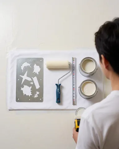 Un installateur de courts de tennis mesure un mur à l'aide d'un mètre ruban, tenant un rouleau et de la peinture. Le mur est peint en blanc chaud.