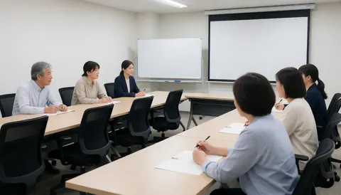 Adultes assis autour de tables en U dans une salle de conférence, prenant des notes sur des cahets devant un tableau blanc et un projecteur.