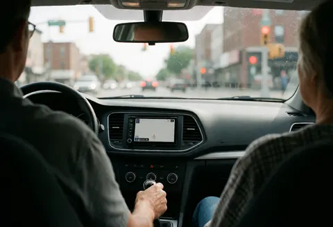 Conducteur effectuant un changement de vitesse sur une transmission manuelle avec écran de navigation intégré, scène réaliste pour auto-école en milieu urbain.