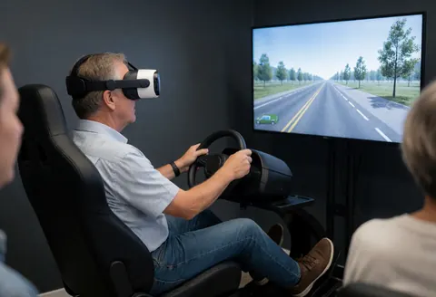 Un adulte porte un casque VR et tient un volant devant un grand écran affichant une route dans une auto-école aux murs gris.