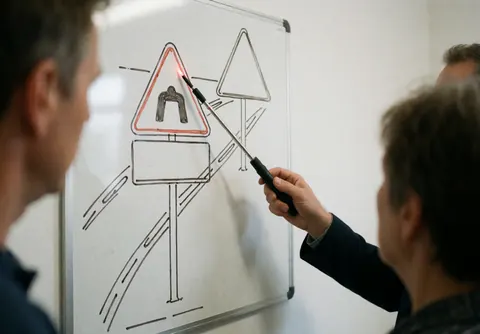 Instructeur utilisant un pointeur laser pour indiquer un dessin de signal de circulation sur un tableau blanc lors d'un cours en classe.