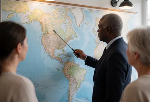 Un conseiller en costume sombre utilise un pointeur sur une carte de l'Amérique tandis que deux clients observent dans un bureau professionnel éclairé par le plafond.