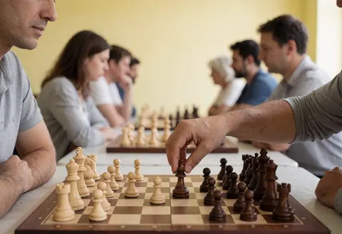 Joueur en tour de rôle déplaçant une pièce d'échecs lors d'un tournoi, avec d'autres participants et tables en arrière-plan.