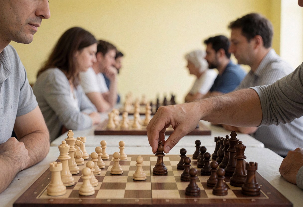 Joueur en tour de rôle déplaçant une pièce d'échecs lors d'un tournoi, avec d'autres participants et tables en arrière-plan.