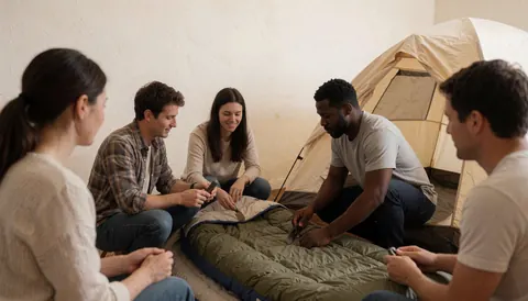 Des personnes préparent un matelas de camping à l'intérieur d'une tente aux murs peints avec lumière naturelle, idéal pour les campings et activités de plein air.
